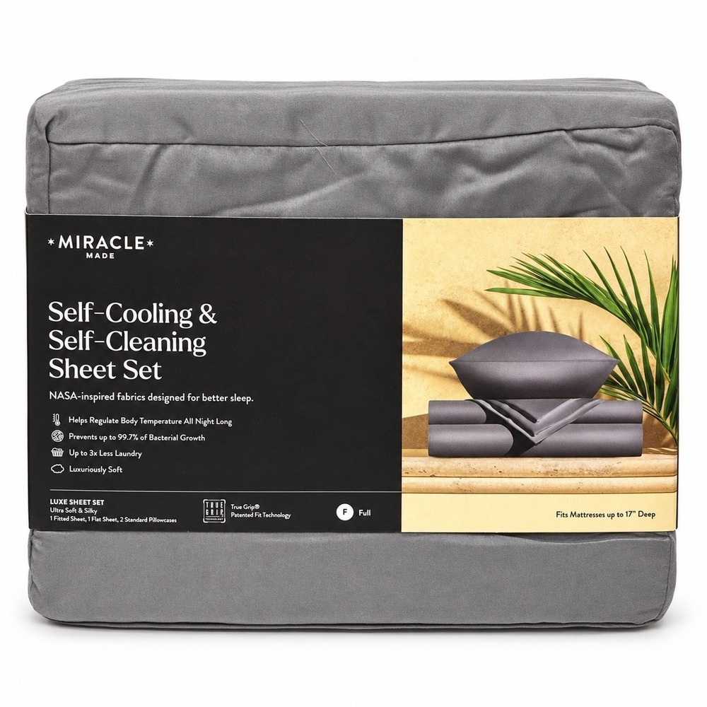 Miracle Made Full Luxe Sheet Set Gray Sateen Self-Cooling Self-Cleaning 4PC